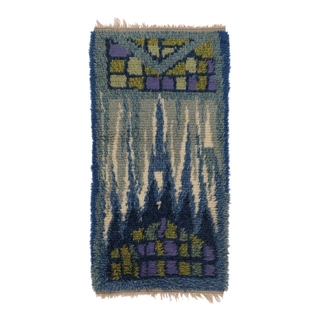 Vintage Swedish Rya Runner, Blue With Scandinavian Abstract Forms - Rug & Kilim For Sale