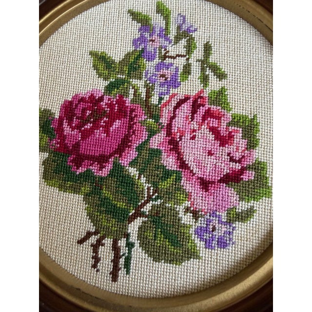 Metal 1960s Vintage Floral Petit Point Roses Framed Embroidery Art - A Pair For Sale - Image 7 of 10