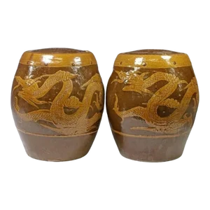 Large Antique Chinese Tan Ochre Brown Glazed Earthenware Covered Martaban Storage Jars Floor Vase - a Pair