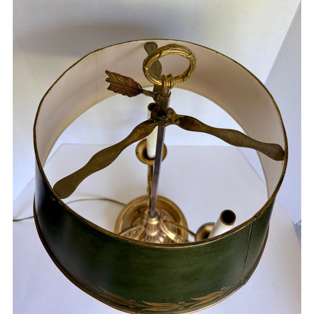 Green Early 20th Century Brass Bouillotte Lamp With Horn-Form Arms & Adjustable Green Tôle Shade For Sale - Image 8 of 12