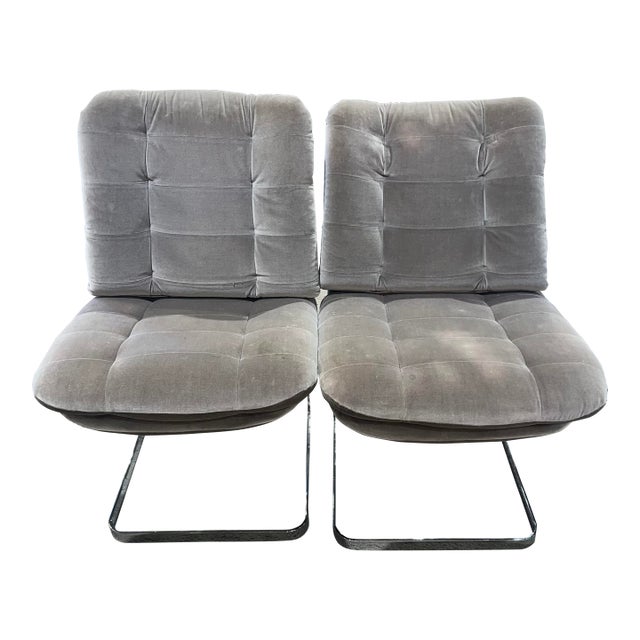 1975 Roche Bobois Gray Tufted Velvet Cantilever Chairs- Set of 2 For Sale