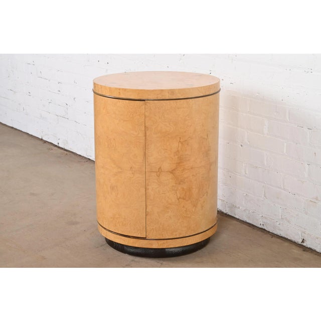 Mid-Century Modern Milo Baughman Style Burl Wood Drum Side Table by Henredon For Sale - Image 3 of 12