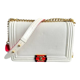 Chanel Boy Bag Cream and Gold Lambskin Leather With Red Clasp and Strap For Sale