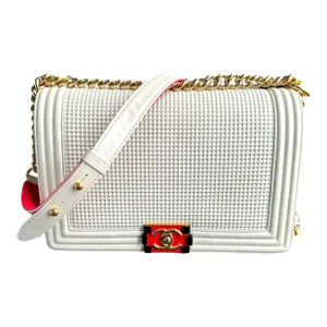Chanel Boy Bag Cream and Gold Lambskin Leather With Red Clasp and Strap
