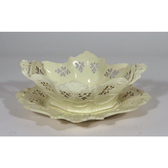 Cream English Creamware Rococo Fruit Baskets and Stands, Pair, Pierced and Shell-Molded For Sale - Image 8 of 18
