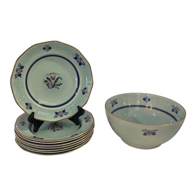 1960s dams Calyx Ware Georgian Tulip Set of 8 Plates & Large Bowl For Sale