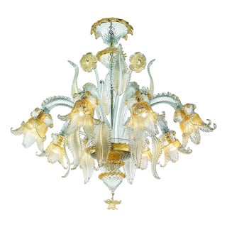 Ornate Clear and Gold-Leaf Murano Glass Floral Chandelier by Simoeng For Sale