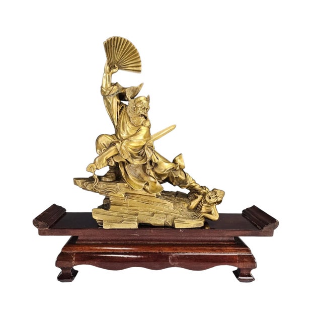 Gilt Brass Zhong Kui Exorcist Statue on Carved Wood Stand, Vintage Chinese Mythological Sculpture For Sale - Image 13 of 13