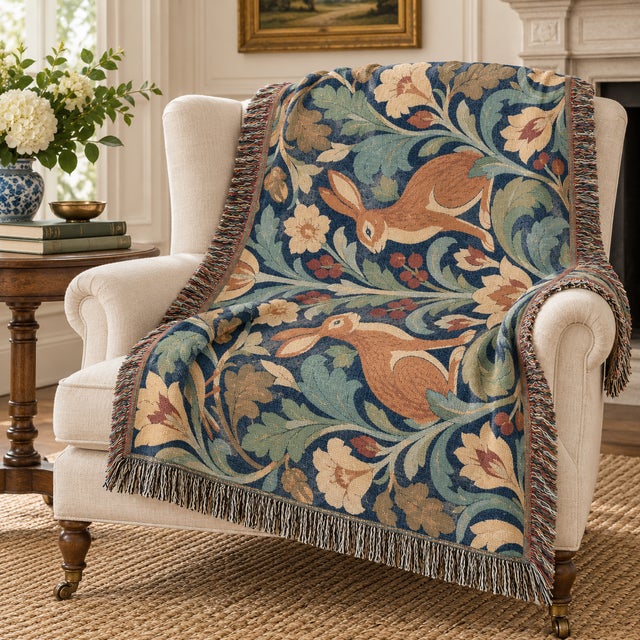 Victorian Arts & Crafts Woodland Hares Botanical Woven Throw Blanket – Indigo Blue & Sage, 60 × 50 For Sale - Image 3 of 5
