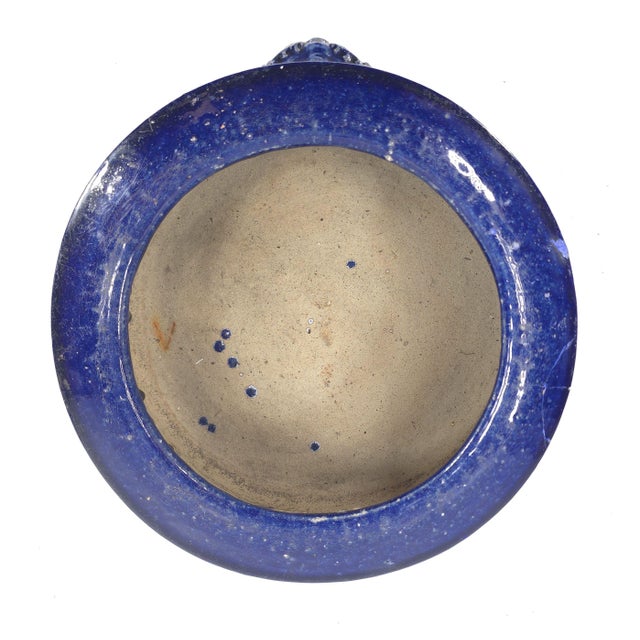 Blue Asian Signed Cobalt Blue Ceramic Bowl Pot Planter Lion Heads For Sale - Image 8 of 9