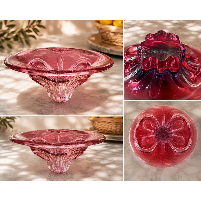 1970s Vintage Chřibská Czech Cranberry Art Glass Pedestal Centerpiece Bowl For Sale - Image 5 of 5