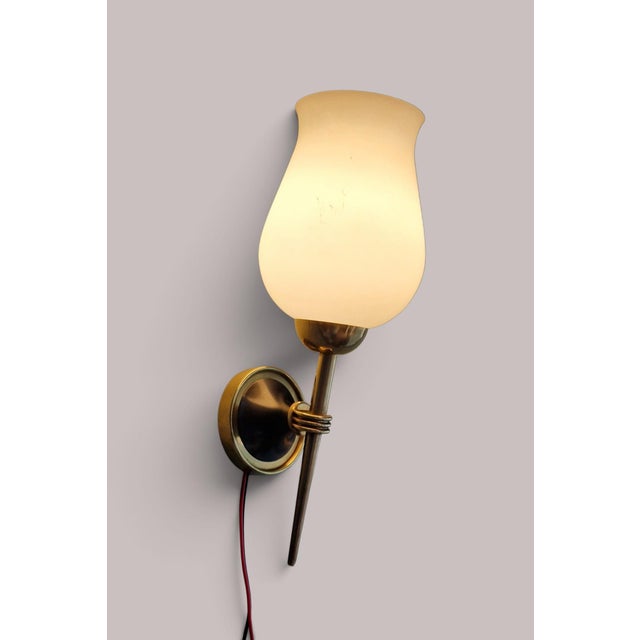 Pair of Vintage 1950s Wall Sconces - Brass and Opaline Glass - Arlus Style An elegant pair of vintage wall sconces dating...