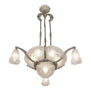Gilles French Art Deco Multi-Light Chandelier 1930s - Fruit Motif Frosted Glass For Sale