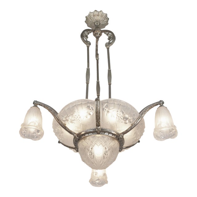 Gilles French Art Deco Multi-Light Chandelier 1930s - Fruit Motif Frosted Glass For Sale