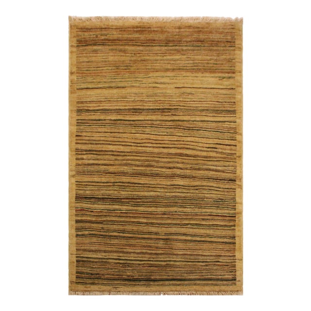 1990s Shabby Chic Tan/Green Hand-Knotted Wool Rug -3'0 X 4'9 For Sale