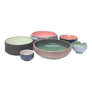 Muted Green & Pink Eclectic Serving Bowl Curation - Group of 6 For Sale