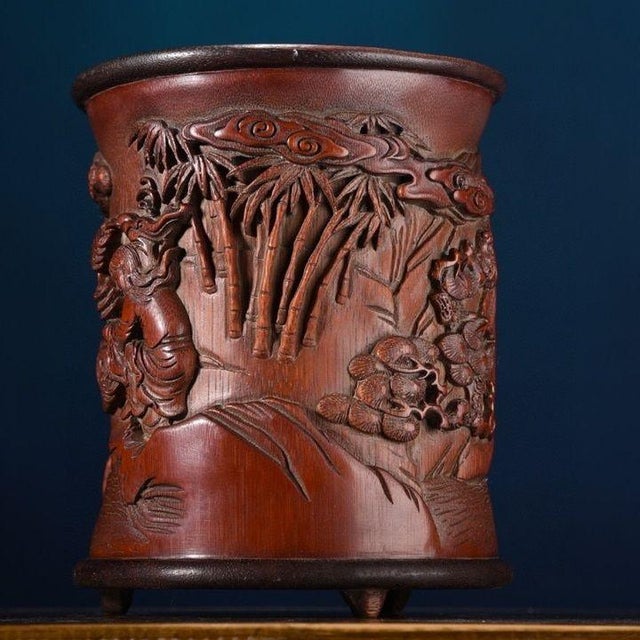 Mid 20th Century Vintage Chinese Bamboo Carved "Liu Hai & Toad" Brush Pot - 401g For Sale - Image 5 of 9