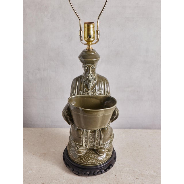 1970s Chinese Confucius Green Ceramic Lamp For Sale - Image 9 of 15