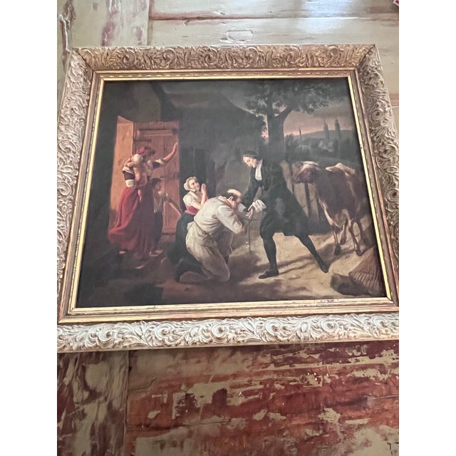 Antique European Oil on Canvas Genre Painting in Ornate Carved Frame For Sale - Image 4 of 12