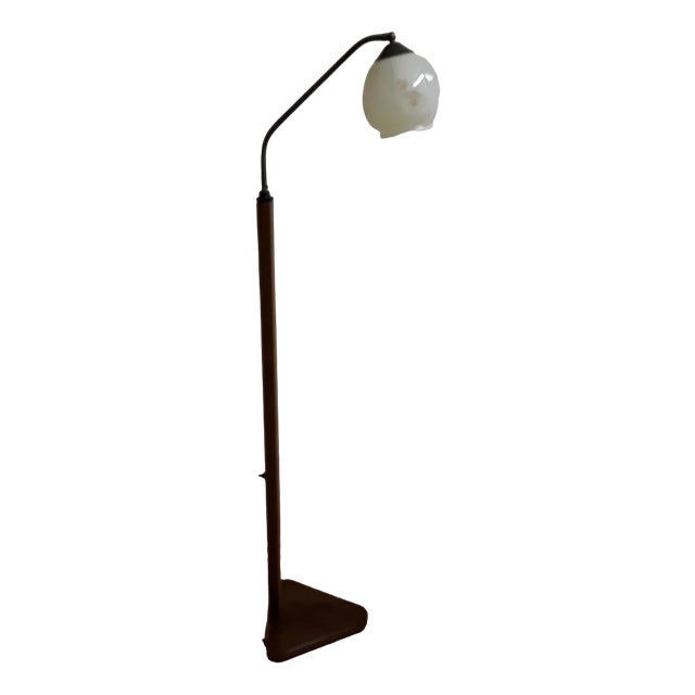Adjustable German Art Deco Floor Lamp in Walnut, Brass & Glass, 1930s For Sale