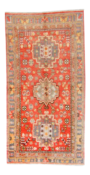 1920s Antique Khotan Art Deco Orange Wool Hand-Knotted Rug - 4’11” X 9’4”