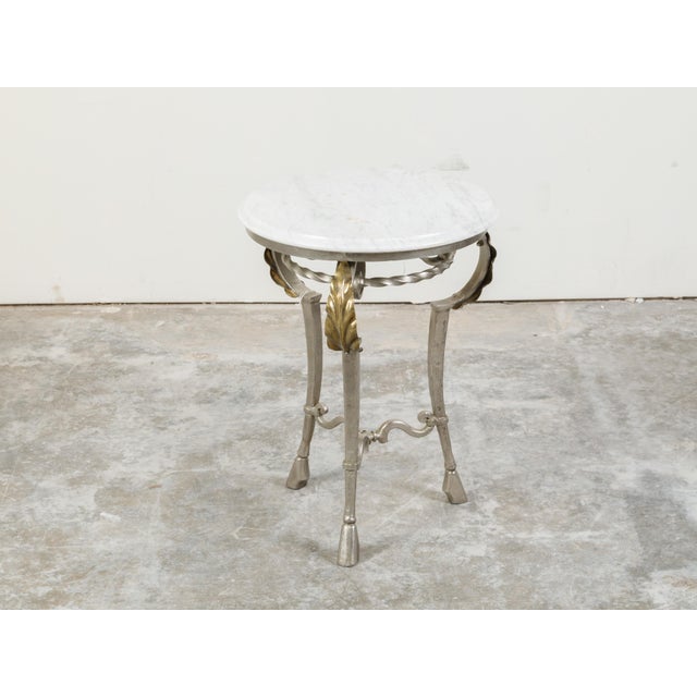 Mid-Century Modern Italian Midcentury Steel Side Table with Circular White Marble Top and Hoof Feet For Sale - Image 3 of 10