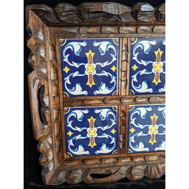 Blue Mid-Century Wood & Tile Handled Tray For Sale - Image 8 of 9
