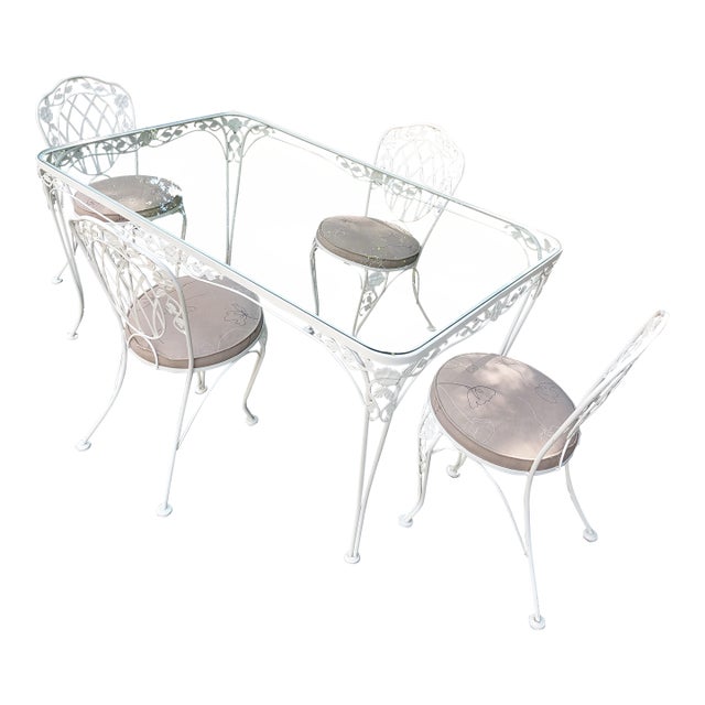 Vintage Hollywood Regency Metal and Glass Garden Dining Set, 5 Pieces For Sale