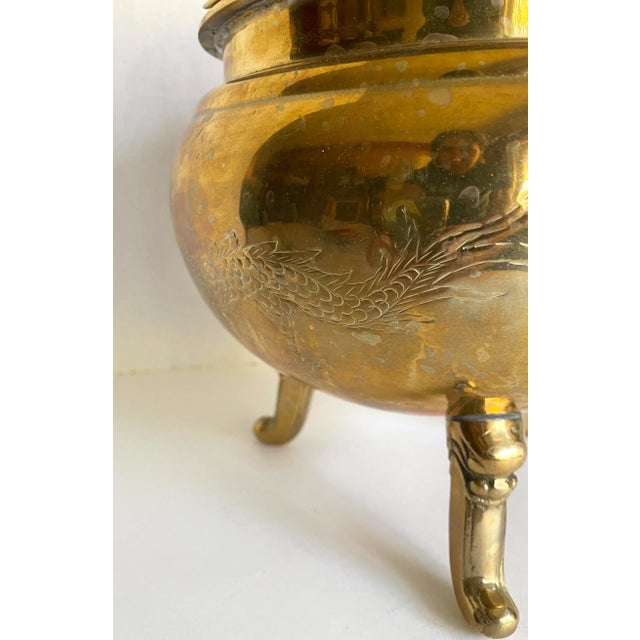 Vintage Asian Brass Incense Burner With Dragon Etchings For Sale - Image 4 of 13