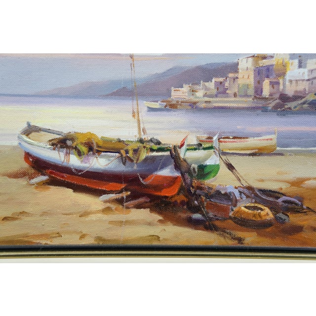 Blue Salvador Caballero 'Costa Brava' Coastal Landscape Seascape Harbor Painting 22" For Sale - Image 8 of 13