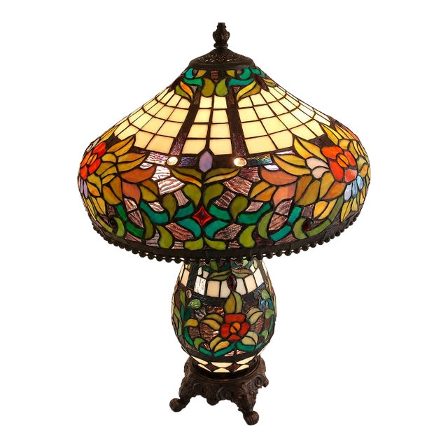Vintage Tiffany-Style Floral Stained-Glass Table Lamp With Illuminated Base For Sale
