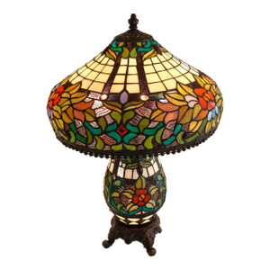 Vintage Tiffany-Style Floral Stained-Glass Table Lamp With Illuminated Base