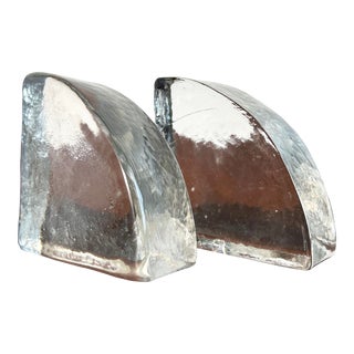 Vintage Mid Century Modern Blenko Clear Glass Sharkfin Bookends For Sale