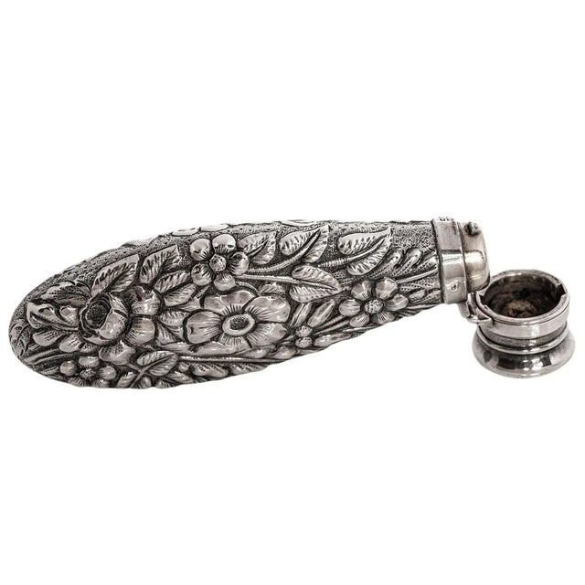 Antique Sterling Silver Perfume Scent Engraved Repousse Bottle Flask London 1873 For Sale In Portland, OR - Image 6 of 11
