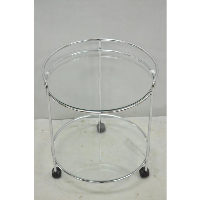 Vintage Mid Century Modern Chrome Round Glass 2 Tier Rolling Bar Cart Side Table For Sale - Image 4 of 11