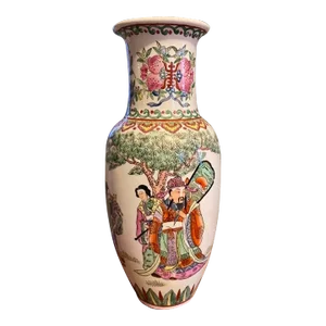 Antique Asian Vase, Famile Rose Canton Vase, 12” Tall