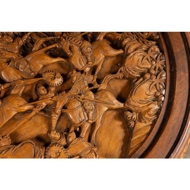 Wood Antique Carved Chinese Nesting Tea Table With Four Stools For Sale - Image 7 of 9