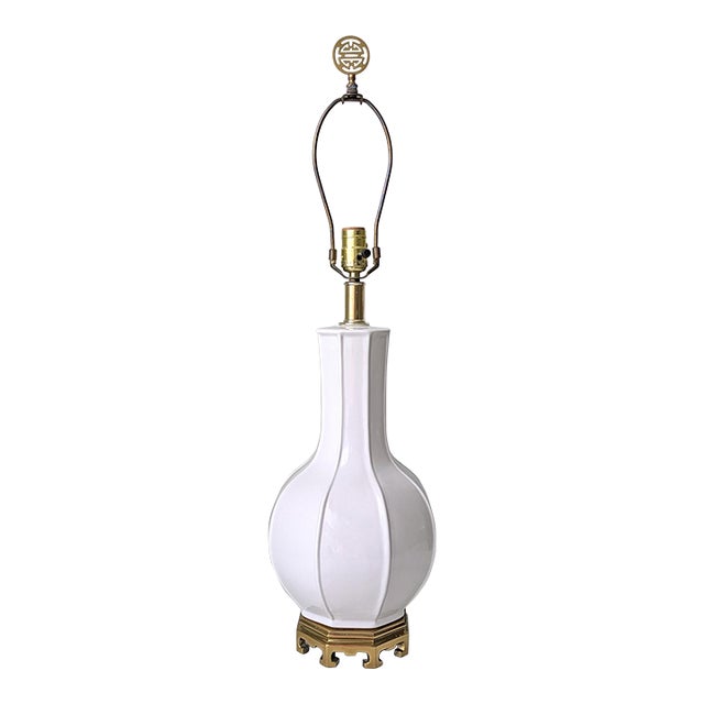 Vintage Chinoiserie Style Ceramic & Brass Gourd Table Lamp For Sale