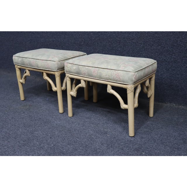 Pair of Bamboo Footstools With Floral Upholstery For Sale - Image 4 of 11