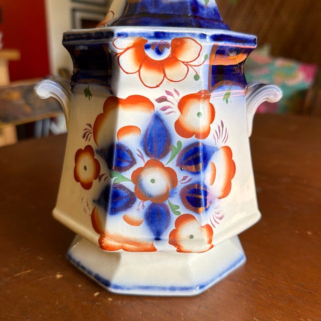 Ceramic Antique Gaudy Welsh Crescent Pinwheel Flow Blue Covered Sugar Bowl, Circa 1840s For Sale - Image 7 of 12