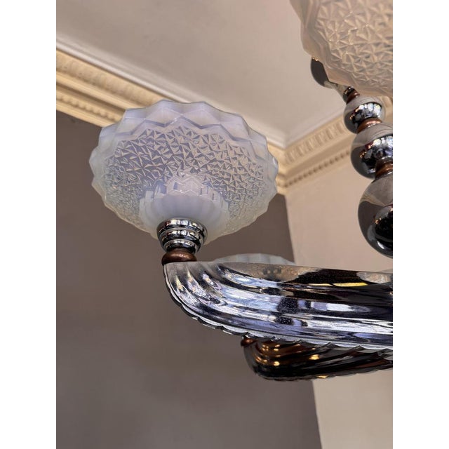 Art Deco Opalescent Glass and Nickel-Plated Bronze Chandelier by Jean Gauthier for Petitot & Ezan, France, 1935 For Sale - Image 18 of 18