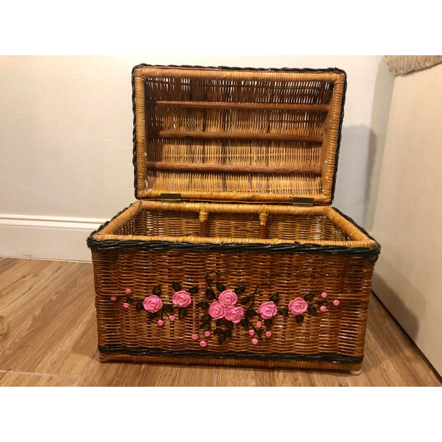 1960s Vintage Boho Wicker Painted Chest With Pink Floral Pattern and