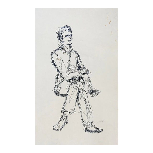 Mid Century Seated Figure Pen & Ink Drawing For Sale