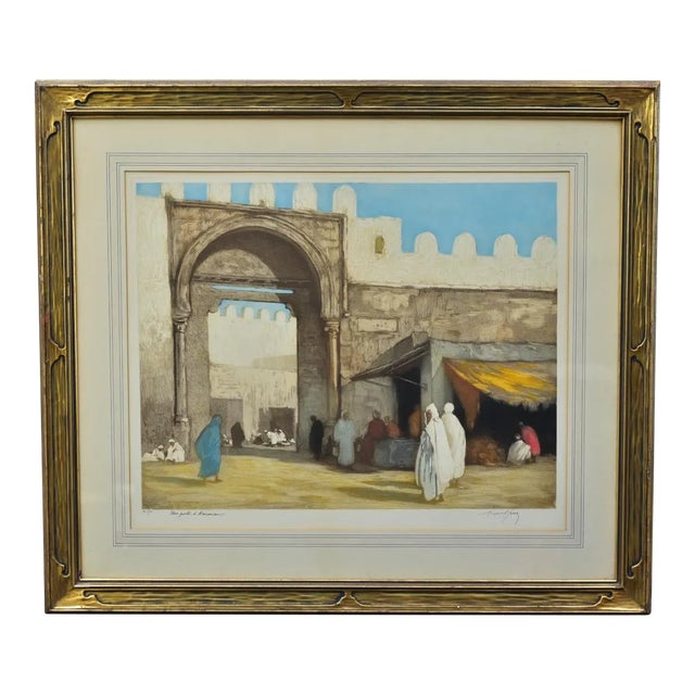 Aquatint With Market Scene Outside Mosque, Kairouan, Tunisia, Circa 1890 For Sale