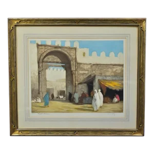 Aquatint With Market Scene Outside Mosque, Kairouan, Tunisia, Circa 1890