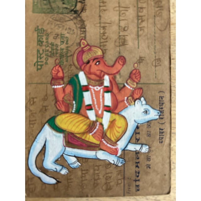 Indian Mid 20th Century Vintage Indian Ganesha Hand Painted Rajasthani Paper Postcard For Sale - Image 3 of 8