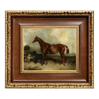 "Chestnut Horse With Two Dogs" Contemporary Reproduction Print on Canvas, Framed 16x14 For Sale
