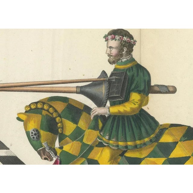 19th-Century Hand-Coloured Print of Jousting Gentlemen in Vibrant Attire This exquisite original hand-coloured lithograph,...