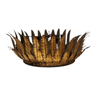 Early 20th Century Spanish Gilded Iron Ceiling Fixture With Glass Diffuser For Sale