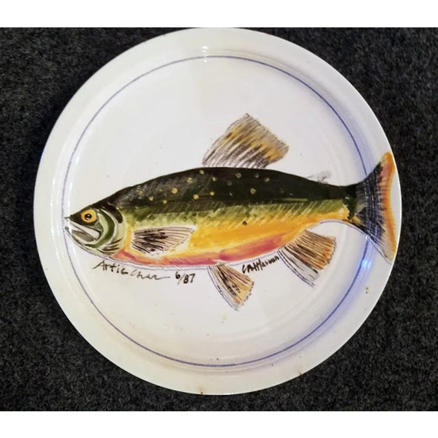 1980s Carole Moses Harman Hand-Painted Pottery Dish, Arctic Char, Dated 1987 For Sale - Image 5 of 6